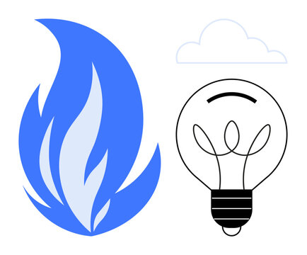 Blue flame, black lightbulb, and cloud representing energy, creativity, sustainability, and nature. Ideal for technology, renewable energy, innovation nature eco-friendly initiatives