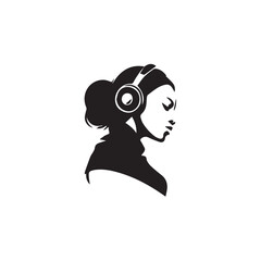 Black Vector Illustration of Woman Wearing Headphone in Clean Minimal Style on White Background