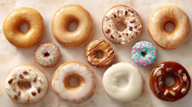 A row of donuts with various toppings and glazes. The donuts are arranged in a visually appealing manner, with some having sprinkles and others having chocolate chips