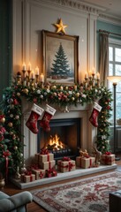 Cozy Christmas A Festive Fireplace Scene with Garlands, Stockings, and Warmth