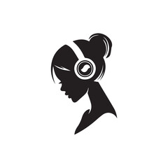 Black Vector Illustration of Woman Wearing Headphone in Clean Minimal Style on White Background