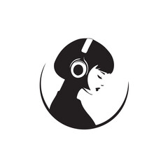 Black Vector Illustration of Woman Wearing Headphone in Clean Minimal Style on White Background
