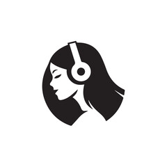 Black Vector Illustration of Woman Wearing Headphone in Clean Minimal Style on White Background