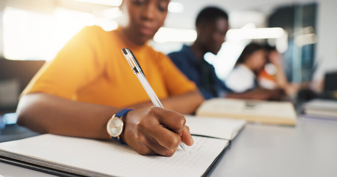 University student, hands or writing notes for lecture, academic productivity or knowledge for learning. College class, module summary or people with pen for course education, studying or assessment