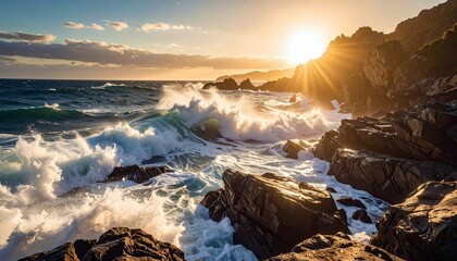 Powerful ocean waves surge and break against a rugged, rocky coastline as the sun sets, casting golden light and dramatic sunbeams.