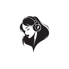 Black Vector Illustration of Woman Wearing Headphone in Clean Minimal Style on White Background