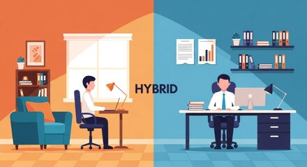 Hybrid work model showing employee working remotely and in the office, reflecting modern flexible work arrangements and showcasing the blend of work environments