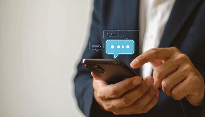 Person using mobile phone interacting with a futuristic ai chatbot interface concept 