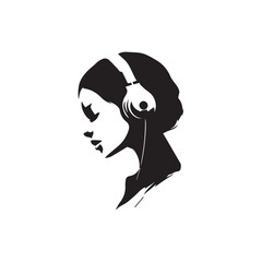 Black Vector Illustration of Woman Wearing Headphone in Clean Minimal Style on White Background