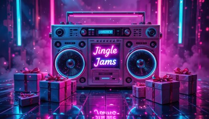 Fototapeta premium Retro boombox with festive gift boxes and neon lights, perfect for holiday music celebration