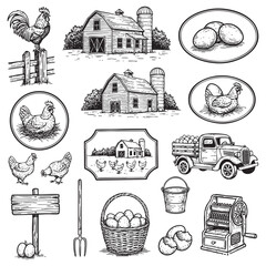 Vintage Farm and Poultry Elements Set Engraving Vector Illustration