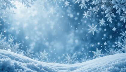 Enchanting blue winter background with falling snowflakes and soft glowing light over a snowy landscape