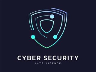 Obraz premium Cyber security intelligence data protection with curved network movement lines Shield Shapes technology vector logo design concept. Abstract shield security icon logotype for ID ui, automations, web.