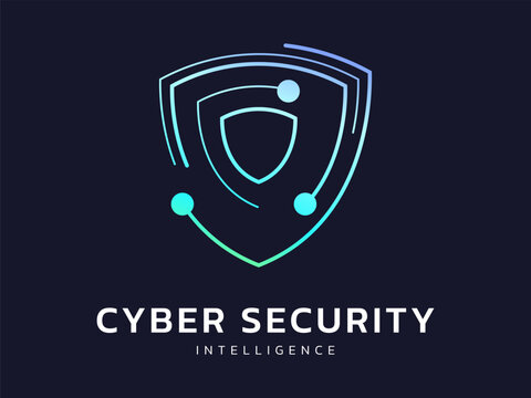 Cyber security intelligence data protection with curved network movement lines Shield Shapes technology vector logo design concept. Abstract shield security icon logotype for ID ui, automations, web.