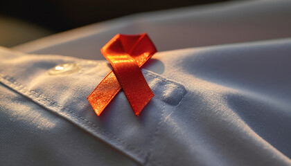 Red ribbon pinned to a shirt symbolizing HIV and AIDS awareness