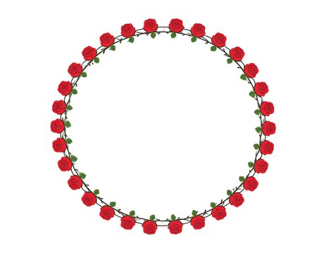 Circular arrangement of red roses and thorny vines on white - Powered by Adobe