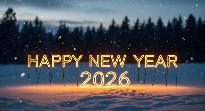 Glowing neon sign happy new year 2026 illuminated in snowy forest landscape at dusk
