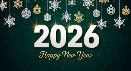 Happy new year 2026 with sparkling snowflake and ornament decorations on dark green background