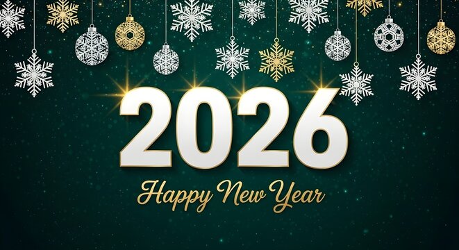 Happy new year 2026 with sparkling snowflake and ornament decorations on dark green background - Powered by Adobe