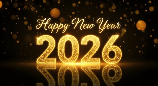 Golden happy new year 2026 text with glowing numbers and bokeh lights