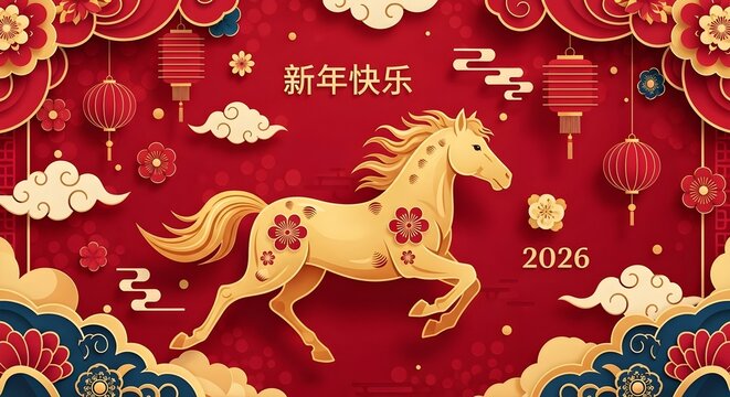 Golden horse decoration with chinese new year symbols and 2026 year marker