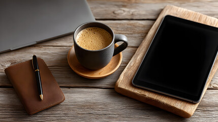 Cozy workspace featuring a steaming coffee, tablet, laptop, and leather notebook ready for a productive day of business and creative brainstorming