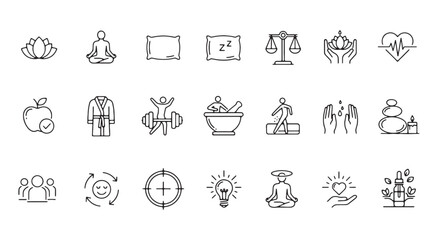 Set of wellness and healthcare icons simple line vector symbols for spa and meditation isolated on w