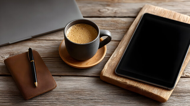 Cozy workspace featuring a steaming coffee, tablet, laptop, and leather notebook ready for a productive day of business and creative brainstorming - Powered by Adobe