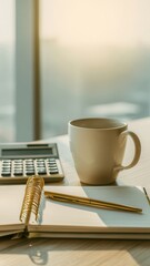 Modern Office Desk with Coffee Cup, Notebook, and Calculator