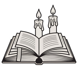 Classic open book illustration with two lit candles on its pages, for education concepts.