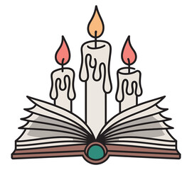 Open book with three lit candles, symbolizing knowledge, study, wisdom, and inspiration.