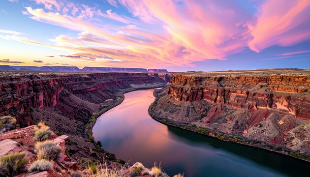 A majestic canyon landscape bathed in the warm hues of a sunset, with a river reflecting the vibrant sky.