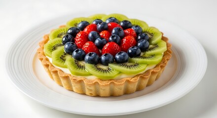 Delicious Fruit Tart with Kiwi, Blueberries, and Raspberries on White Plate.
