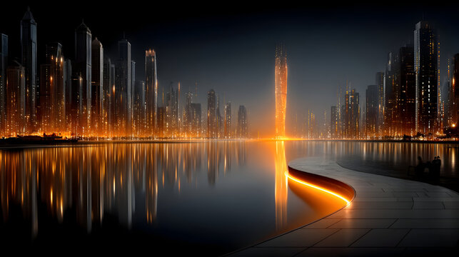 Stunning futuristic cityscape at night reflected in calm water, golden lights illuminating modern architecture and creating a vibrant, dynamic urban scene
