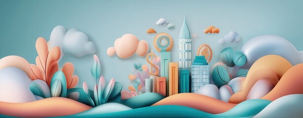Whimsical 3D Cityscape with Abstract Elements and Pastel Colors