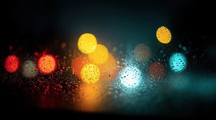 Bokeh lights through rain splattered windshield at night