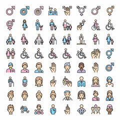 Diverse human diversity icons set gender symbols family figures people with disabilities and medical healthcare symbols