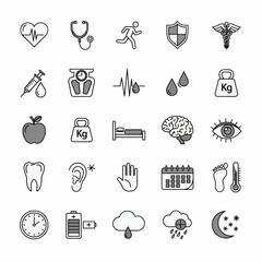Diverse medical and healthcare icons set, featuring heartbeat, stethoscope, syringe, brain, eye, tooth, and more symbols for health and wellness