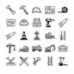 Construction tools and heavy machinery icons set, representing building industry and engineering equipment collection