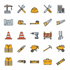 Construction tools and safety equipment set vector illustration graphic elements for building industry, crane, hard hat, wrench, blueprint, saw, drill, cones, vest
