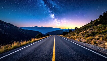 Fototapeta premium An empty asphalt road with a yellow center line and white edge lines leads through a mountainous landscape under a vibrant night sky filled with stars and the M