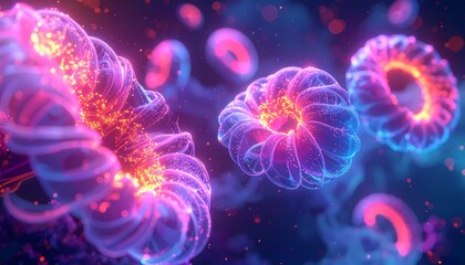 Vibrant Microscopic Organisms Glowing in a Dark Fluid Environment.