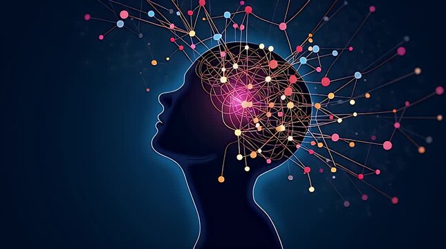 A premium vector illustration showing a human head silhouette with branching pathways inside, representing complex decision making. Colorful neural routes, intersecting nodes, glowing choices, flow
