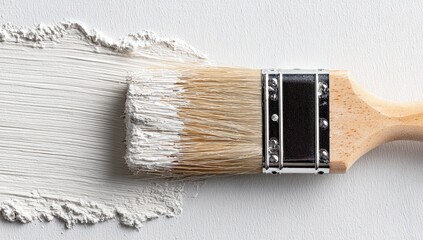 Paintbrush leaving a thick, textured white stroke on a blank canvas