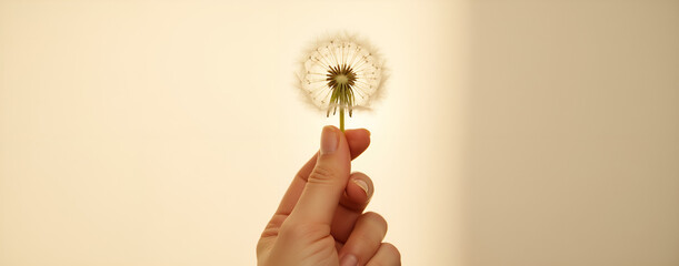 Hand holding a dandelion puff against a soft light background