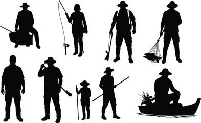 &ldquo;Silhouettes of fishermen with fishing rods, caught fish, gear and boats in various standing, walking and sitting poses on white background&rdquo;