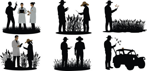 Agricultural scientist and farmer silhouette set, crop research illustration, modern smart farming technology with drone, digital agriculture field vector design