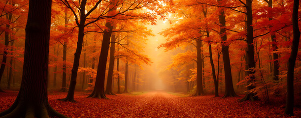 Autumn forest with orange leaves and misty atmosphere  