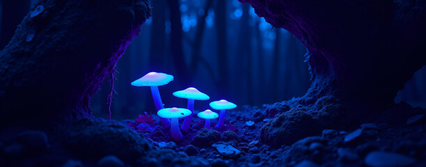 Glowing mushrooms in dark forest with blue lighting and shadows