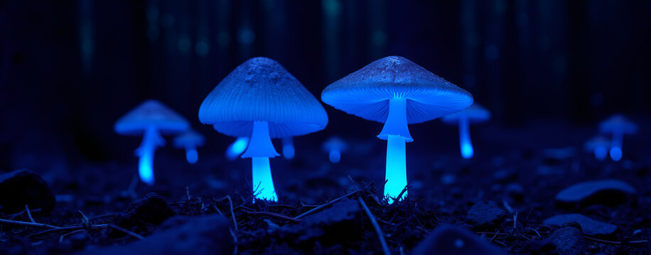 Bioluminescent mushrooms glowing in dark forest at night  